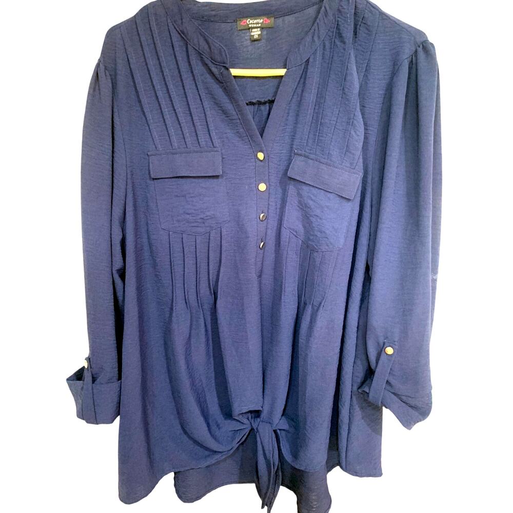 COCOMO NAVY WOMEN'S PULLOVER HENLEY 3/4 TAB ROLL SLEEVE TIE KNOT FRONT PLUS 2X